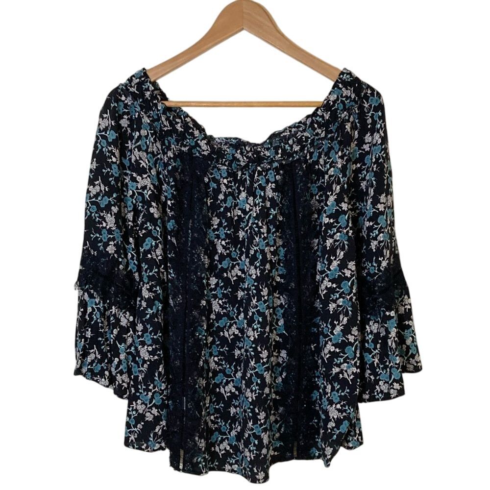 Loft Womens Blouse XL Blues‎ White Black Floral Boho 3/4 Sleeve Stretch Neckline